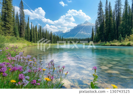 Wildflowers blooming by a crystal clear river flowing through a valley surrounded by pine forest and mountains on a sunny summer day 130743525