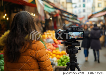 Videographer is recording footage for her travel vlog at the market, capturing the vibrant atmosphere and local produce with her professional camera equipment 130743596