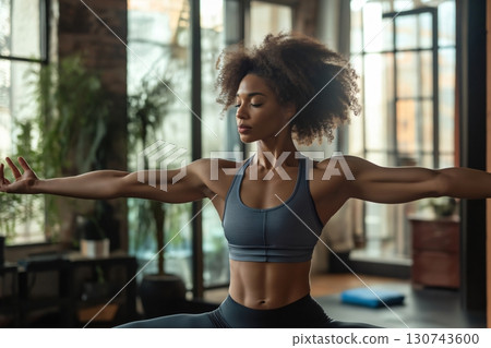 Fitness instructor with afro hair is performing a yoga warrior pose in a gym with big windows 130743600