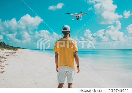 Videographer is standing on a beautiful tropical beach, flying a drone and capturing the stunning scenery 130743601
