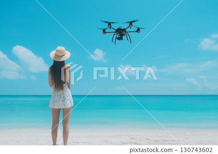 Woman standing on a white sand beach controlling a drone flying over turquoise water with a smartphone 130743602