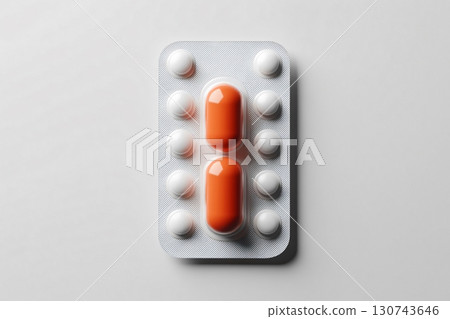 Blister pack with orange pills placed in the middle is lying on a white background 130743646
