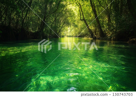 Scenic view of a crystal clear emerald green river flowing through a dense jungle with lush vegetation 130743703