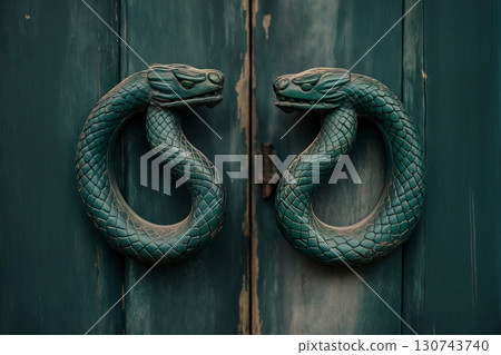 Pair of green snake shaped handles are decorating a wooden door, adding a touch of elegance and ancient symbolism 130743740