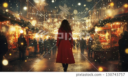 Woman in a red coat is walking through a crowded Christmas market in the evening, with snow falling and lights twinkling 130743757