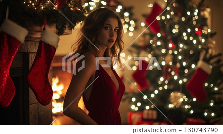 Beautiful woman in a red dress is posing in a cozy Christmas decorated home interior 130743790