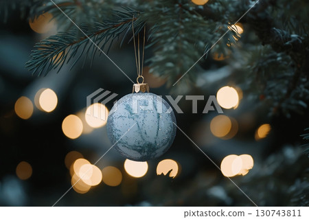 Blue and silver Christmas ornament hangs on a pine tree branch, with warm Christmas lights glowing in the background Blue and silver Christmas ornament hangs on a pine tree branch, with warm Christmas lights glowing in the background 130743811