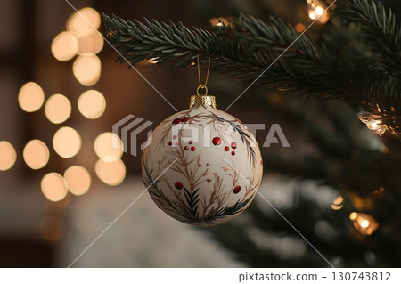 Christmas ornament hanging from a tree branch, sparkling in front of blurred lights, spreading Christmas spirit Christmas ornament hanging from a tree branch, sparkling in front of blurred lights, spreading Christmas spirit 130743812