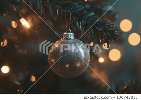 Silver Christmas ornament is hanging on a tree with bokeh lights in the background Silver Christmas ornament is hanging on a tree with bokeh lights in the background 130743813