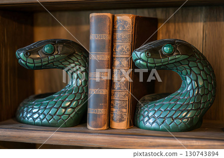 Two green snake bookends with malachite eyes holding old books on a wooden shelf 130743894