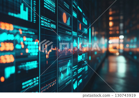 Futuristic digital wall displaying a complex network of financial data, charts, and graphs, suggesting a high tech environment for monitoring market trends Futuristic digital wall displaying a complex network of financial data, charts, and graphs, suggesting a high tech environment for monitoring market trends 130743919