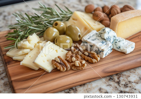 Wooden cheese board featuring an assortment of gourmet cheeses, accompanied by walnuts, green olives, and rosemary sprigs 130743931