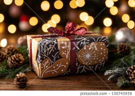 Christmas gift box wrapped with elegant paper and a red ribbon, surrounded by pine branches and warm lights bokeh 130743939