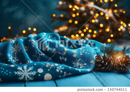 Blue Christmas throw blanket mockup laying on a blue wooden table with pine cones and blurred Christmas lights in the background 130744011