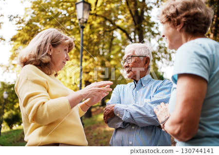 Engaging and enjoyable conversations among seniors taking place in a beautiful park setting 130744141