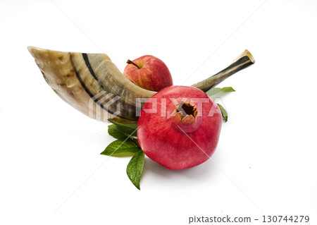 Pomegranates and Shofar. Rosh Hashanah Symbols. Jewish New Year celebration. Pomegranates and Shofar. Rosh Hashanah Symbols. Jewish New Year celebration. 130744279