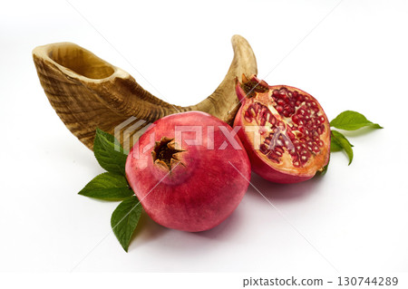 Pomegranate and Shofar. Rosh Hashanah Symbols. Jewish New Year celebration. 130744289