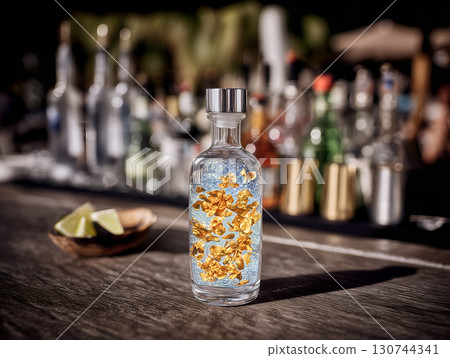 Golden Spirit. Luxury Liquor Bottle with Suspended Flakes 130744341