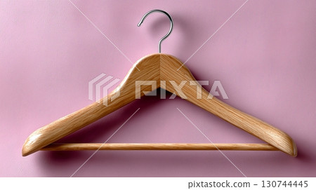 Wooden hanger on a pink background for organizing clothes and accessories 130744445