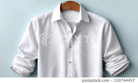 Classic white dress shirt displayed on a soft blue background 130744457