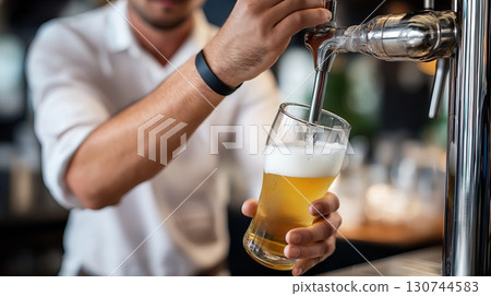 Bartender pouring cold beer into glass at a lively bar in the evening Bartender pouring cold beer into glass at a lively bar in the evening 130744583