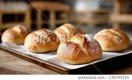 Warm freshly baked bread rolls on a rustic wooden tray 130744724