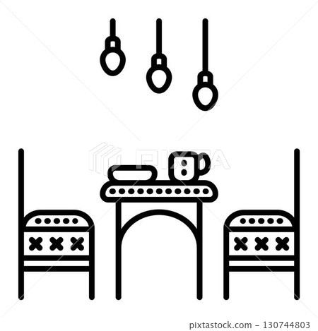 Kitchen room, dinner zone, table, two chairs and three ceiling lights, vector black line illustration, outline monochrome sign Kitchen room, dinner zone, table, two chairs and three ceiling lights, vector black line illustration, outline monochrome sign 130744803