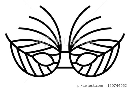 Eye masquerade mask in shape of leaves and with feathers, vector black line illustration, experimental art Eye masquerade mask in shape of leaves and with feathers, vector black line illustration, experimental art 130744962