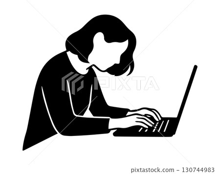 一位女士在筆記型電腦上工作的線條插圖 一位女士在筆記型電腦上工作的線條插圖 130744983
