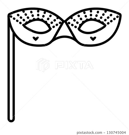 Masquerade mask with hearts, dots and stick, vector black line illustration 130745004