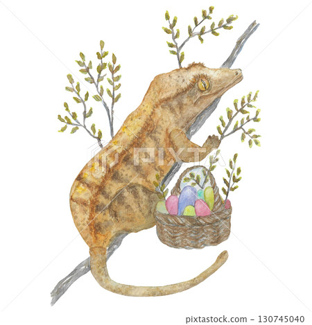 Crested gecko Easter basket of eggs Watercolour Illustration 130745040