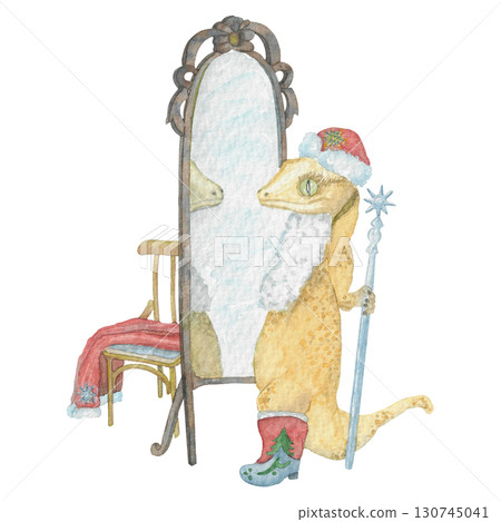 Crested gecko with mirror Happy New Year Watercolour Illustration 130745041