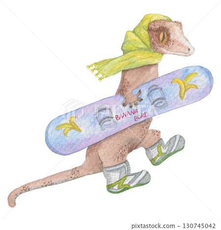 Crested gecko with snowboard and scarf Watercolour Illustration Crested gecko with snowboard and scarf Watercolour Illustration 130745042