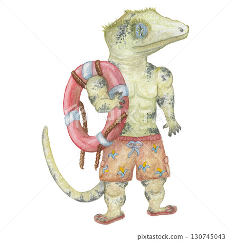 Crested gecko with lifebuoy Watercolour Illustration Crested gecko with lifebuoy Watercolour Illustration 130745043