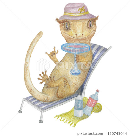 Crested gecko with a cocktail Watercolour Illustration Crested gecko with a cocktail Watercolour Illustration 130745044