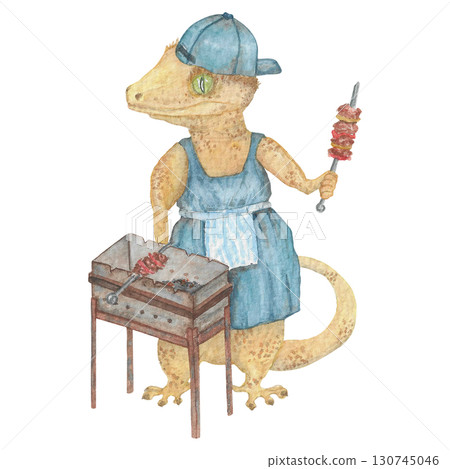 Crested gecko in a cap Watercolour Illustration Crested gecko in a cap Watercolour Illustration 130745046