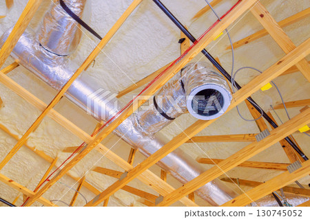 Ducts, wiring are visible in ceiling, illustrating ongoing renovations in residential property. 130745052
