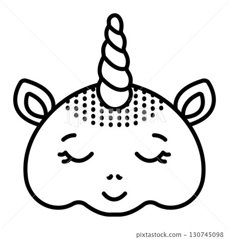 Sleeping unicorn muzzle, fabulous animal head, black line vector illustration, monochrome sigin Sleeping unicorn muzzle, fabulous animal head, black line vector illustration, monochrome sigin 130745098