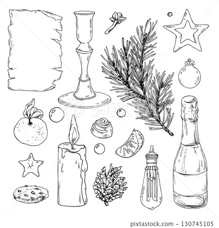Line art hand drawn ink illustration of festive objects including candle, bottle, cookies, baubles and scroll, black and white Christmas clip art set for seasonal design and decoration. Line art hand drawn ink illustration of festive objects including candle, bottle, cookies, baubles and scroll, black and white Christmas clip art set for seasonal design and decoration. 130745105