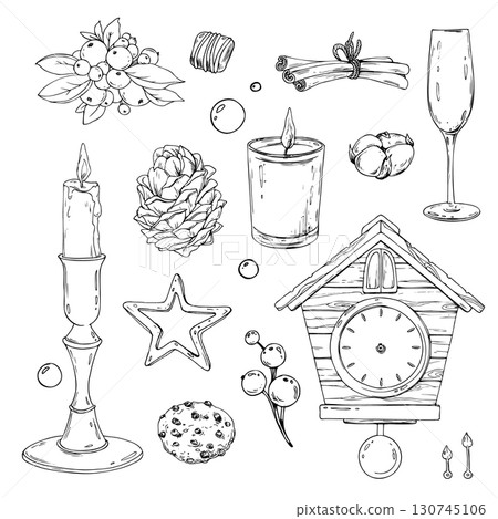 Hand drawn line art ink illustration with Christmas objects like candle, clock, champagne glass, star and sweets, monochrome holiday clip art collection for festive design and invitations. 130745106