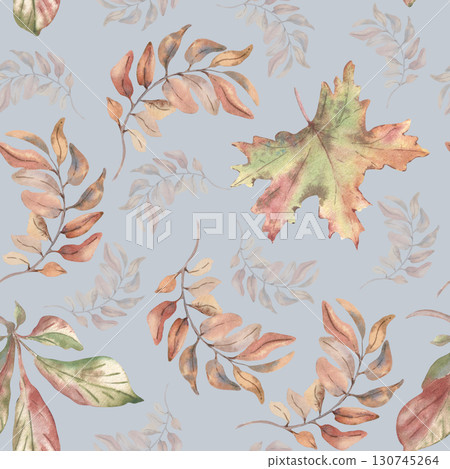 Vintage autumn pastel watercolor seamless pattern isolated blue. Print with fall branches in soft beige red tones. Hand drawn botanical foliage repeat texture for seasonal packaging and textile. Vintage autumn pastel watercolor seamless pattern isolated blue. Print with fall branches in soft beige red tones. Hand drawn botanical foliage repeat texture for seasonal packaging and textile. 130745264