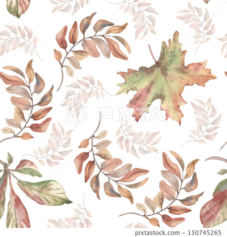 Autumn Foliage Watercolor seamless pattern isolated white. Hand painted maple leaves in soft pastel pink green tones. Delicate botanical repeat background for fall greeting cards, seasonal packaging. Autumn Foliage Watercolor seamless pattern isolated white. Hand painted maple leaves in soft pastel pink green tones. Delicate botanical repeat background for fall greeting cards, seasonal packaging. 130745265