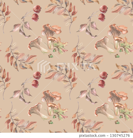 Woodland watercolor seamless pattern with chanterelles and forest harvest on beige. Vintage style autumn repeat background hand drawn for Thanksgiving tableware and October botanical textiles. 130745276