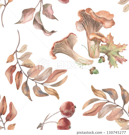Chanterelles, wild apples and autumn foliage hand painted watercolor seamless pattern isolated white. Vintage forest harvest endless design in soft pastel tones for seasonal woodland textiles. 130745277