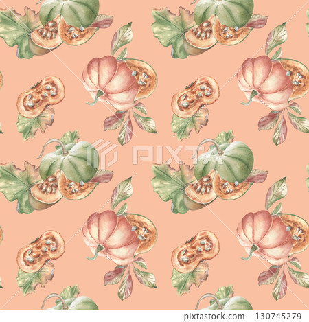 Seamless botanical pattern with green orange pumpkins and autumn leaves. Hand painted watercolor repeat in neutral palette for Thanksgiving backgrounds, kitchen textiles and organic product designs. 130745279