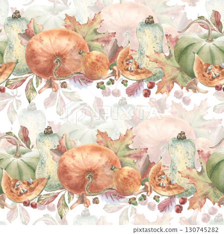 Assorted pumpkins, autumn leaves and forest gifts in soft neutral tones watercolor seamless pattern. Hand painted botanical harvest repeated design for seasonal packaging. Gentle tableware print. Assorted pumpkins, autumn leaves and forest gifts in soft neutral tones watercolor seamless pattern. Hand painted botanical harvest repeated design for seasonal packaging. Gentle tableware print. 130745282