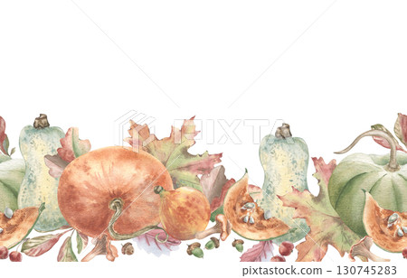 Watercolor seamless border with different pumpkins and autumn leaves isolated. Forest harvest of mushrooms and vegetables hand painted botanical horizontal print. Thanksgiving greeting card edge. 130745283