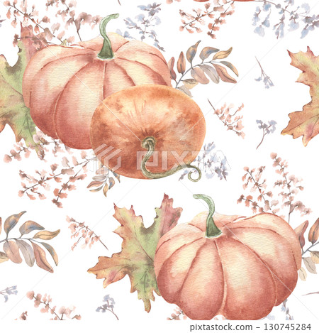 Delicate fall botanical seamless pattern in soft pastel tones isolated white. Hand painted watercolor repeated pattern with orange pumpkins, abstract wildflowers and maple leaves. Autumn background. 130745284