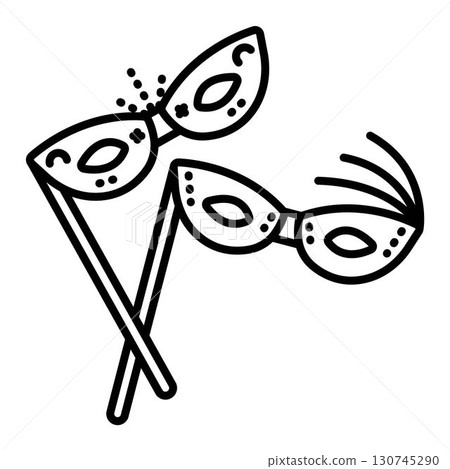 Two masquerade masks with sticks, vector black line icon, simple illustration 130745290