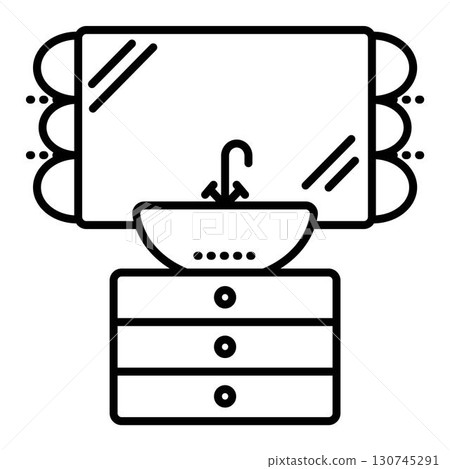 Washbasin, vanity unit and mirror, vector black line illustration, outline monochrome sign 130745291